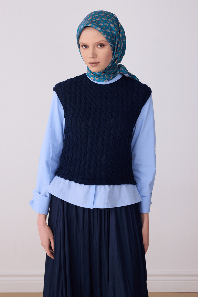 Belli Petrol Etnik Desen %100 Twill İpek Eşarp 4308-80