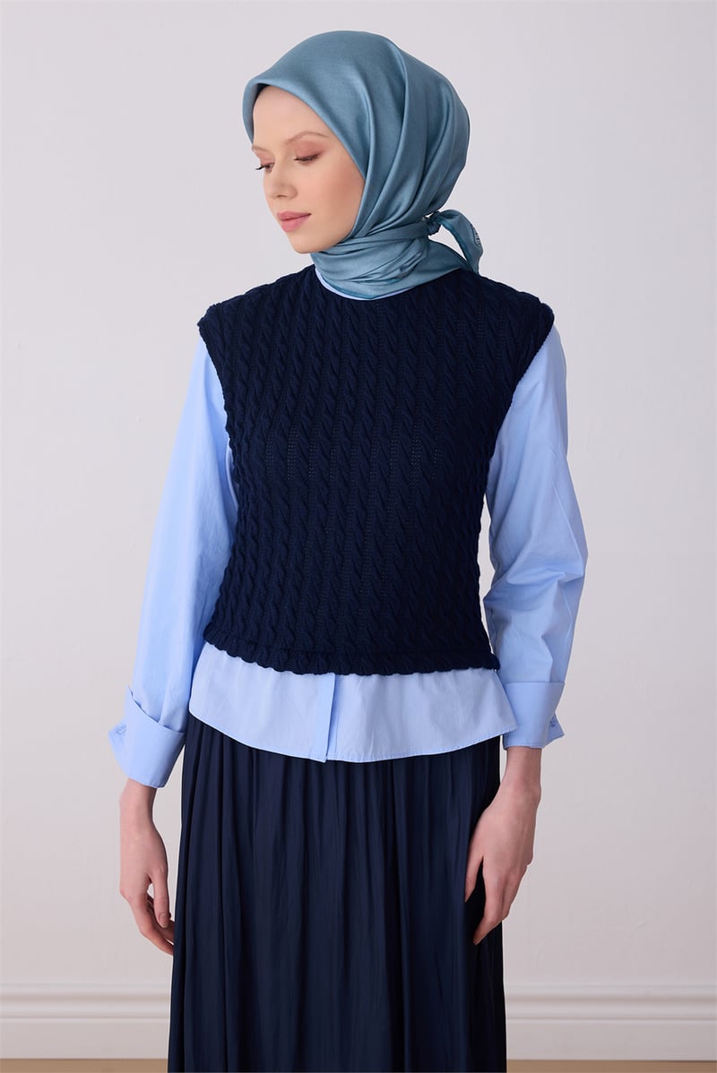 Belli Petrol Klasik Desen %100 Twill İpek Eşarp 4305-85