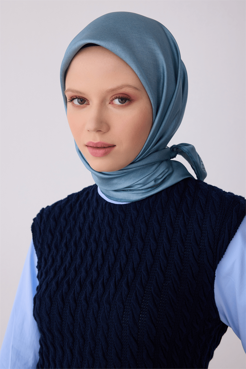 Belli Petrol Klasik Desen %100 Twill İpek Eşarp 4305-85