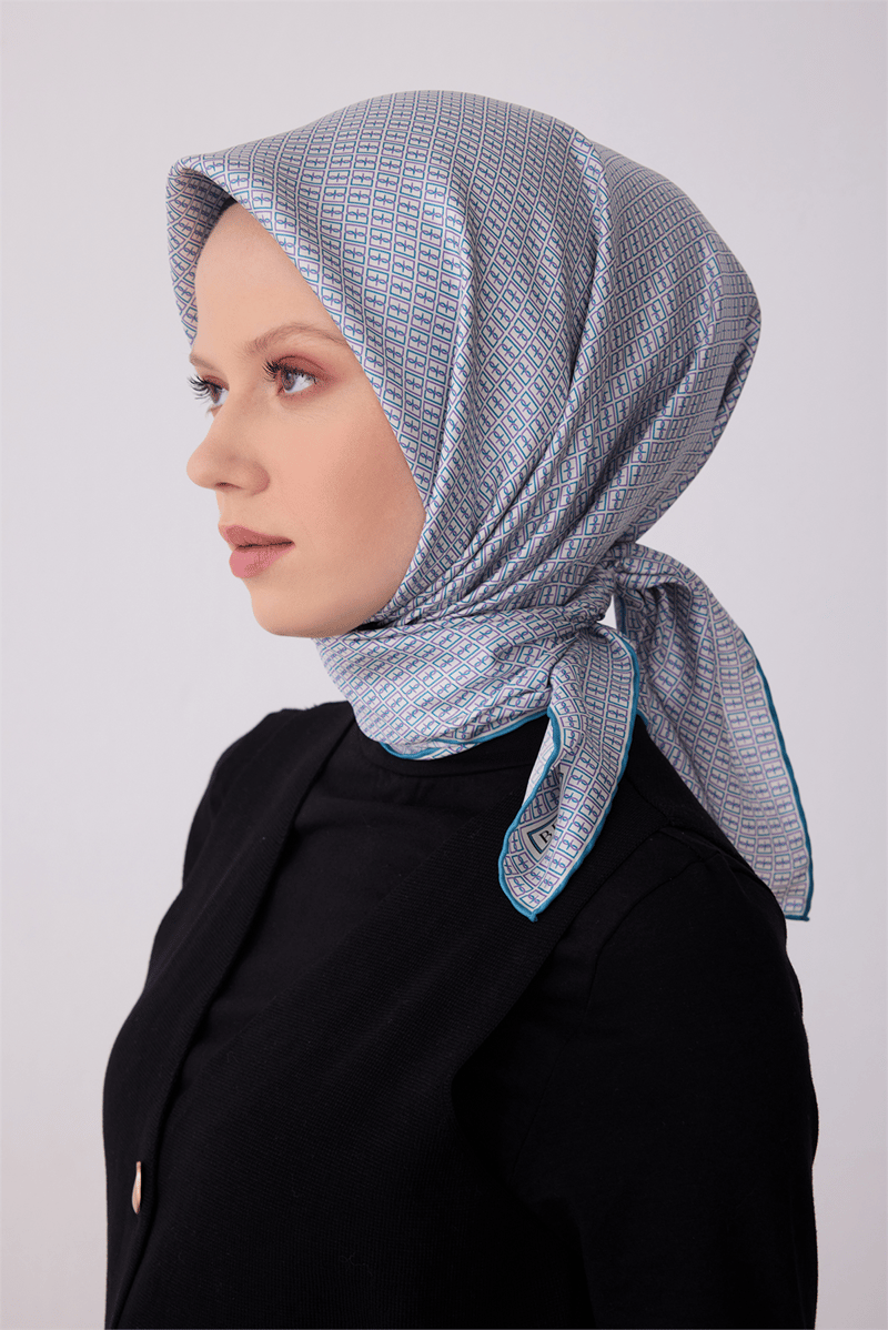 Belli Petrol Monogram Desen %100 Twill İpek Eşarp 4321-81