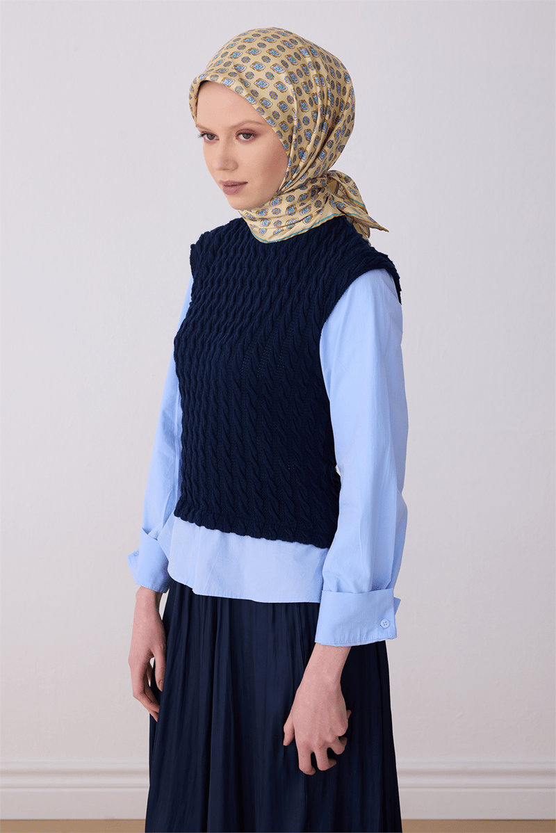Belli Sarı Etnik Desen %100 Twill İpek Eşarp 4308-05
