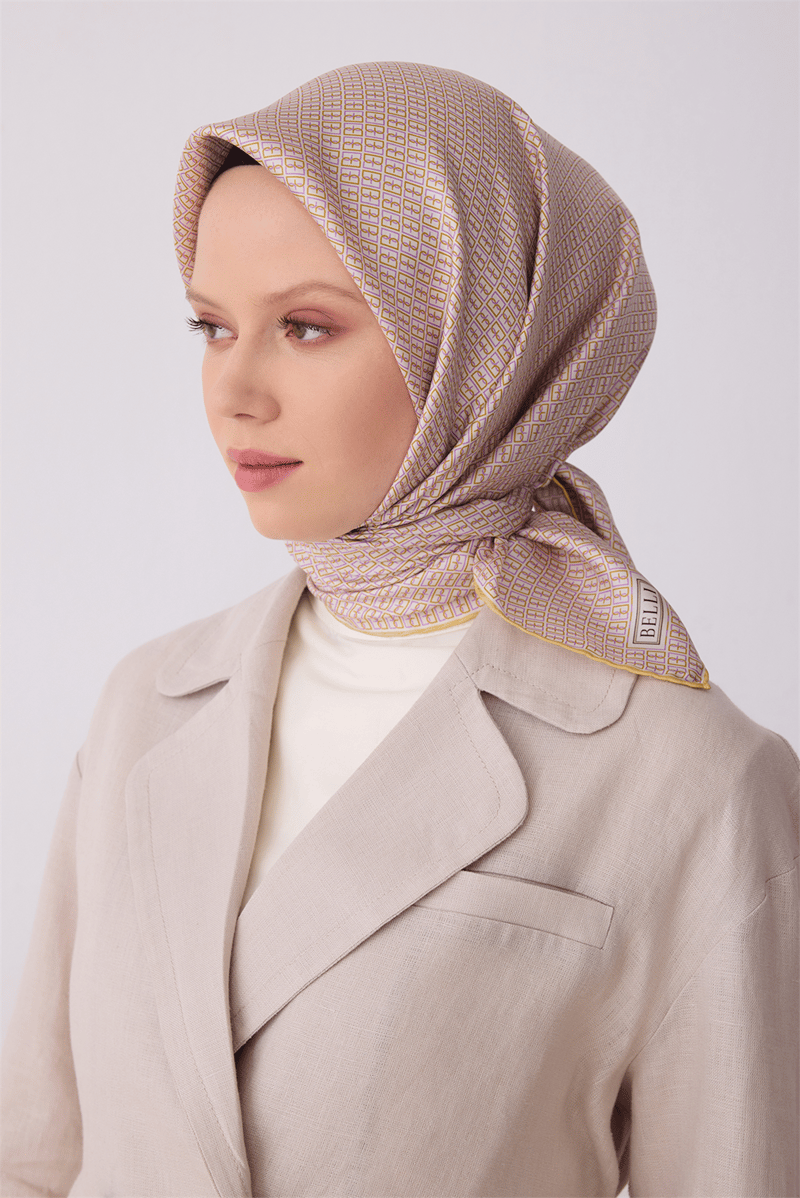 Belli Sarı Monogram Desen %100 Twill İpek Eşarp 4321-04