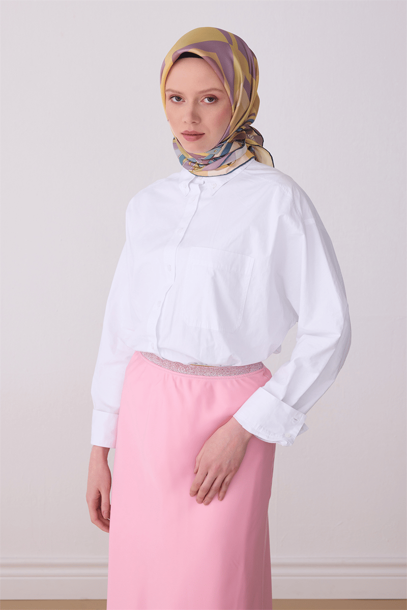Belli Sarı Obje Desen %100 Twill İpek Eşarp 4300-36