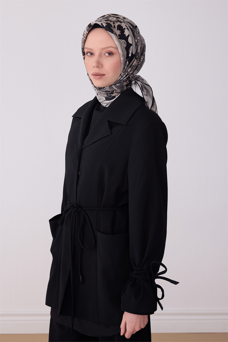 Belli Siyah Etnik Desen %100 Twill İpek Eşarp 4304-06