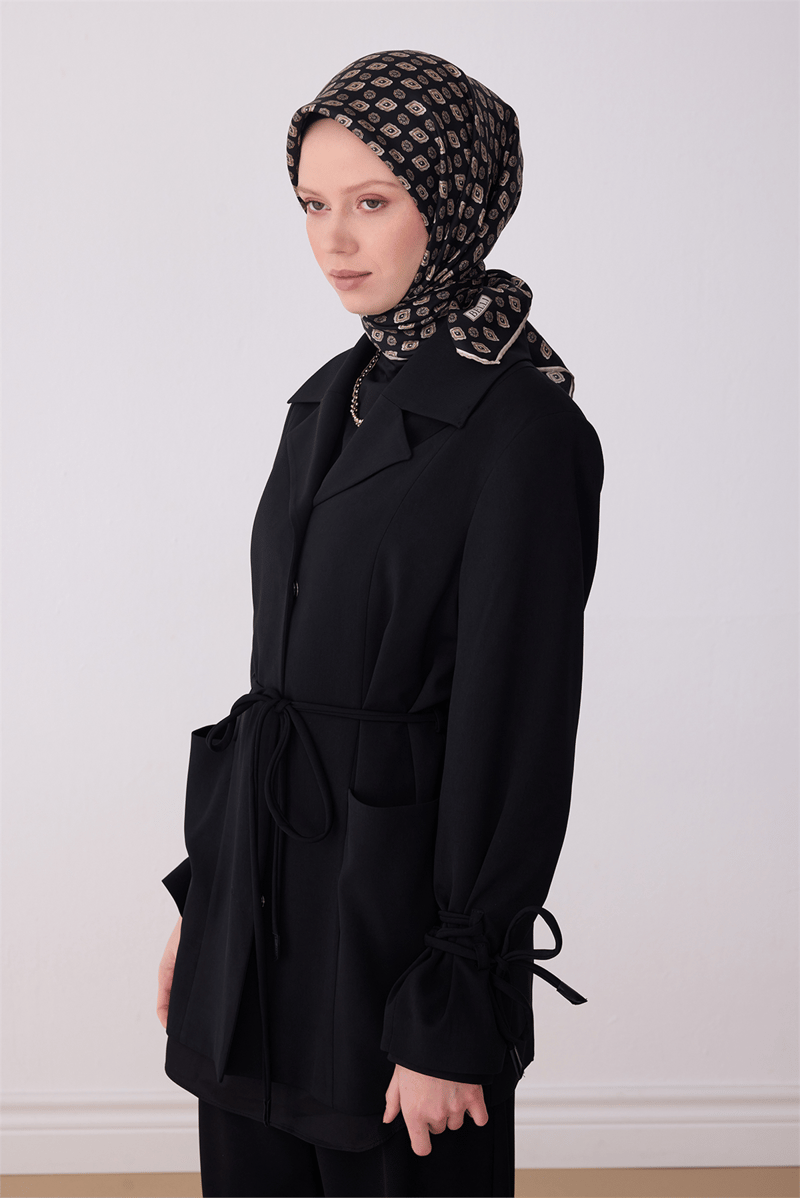 Belli Siyah Etnik Desen %100 Twill İpek Eşarp 4308-85