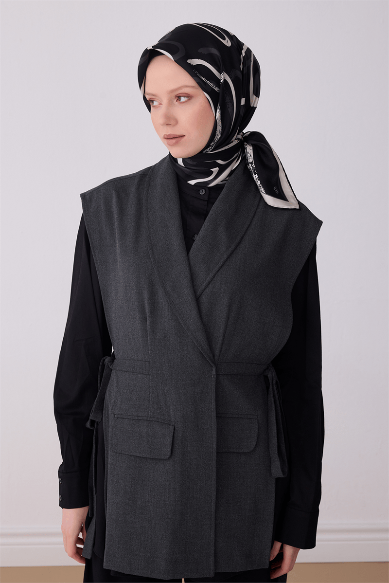 Belli Siyah Soyut Desen %100 Twill İpek Eşarp 4309-01