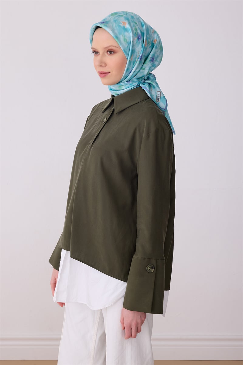 Belli Yeşil Çiçek Desen %100 Twill İpek Eşarp 4319-52