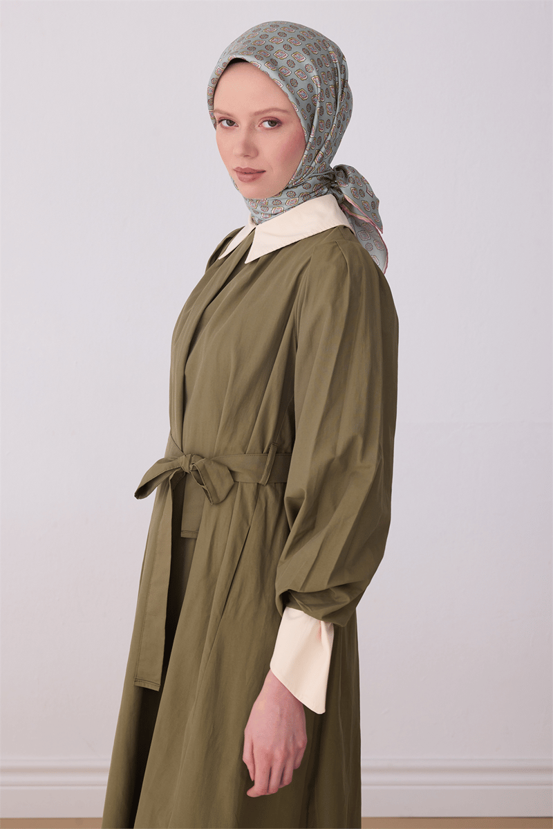 Belli Yeşil Etnik Desen %100 Twill İpek Eşarp 4308-34
