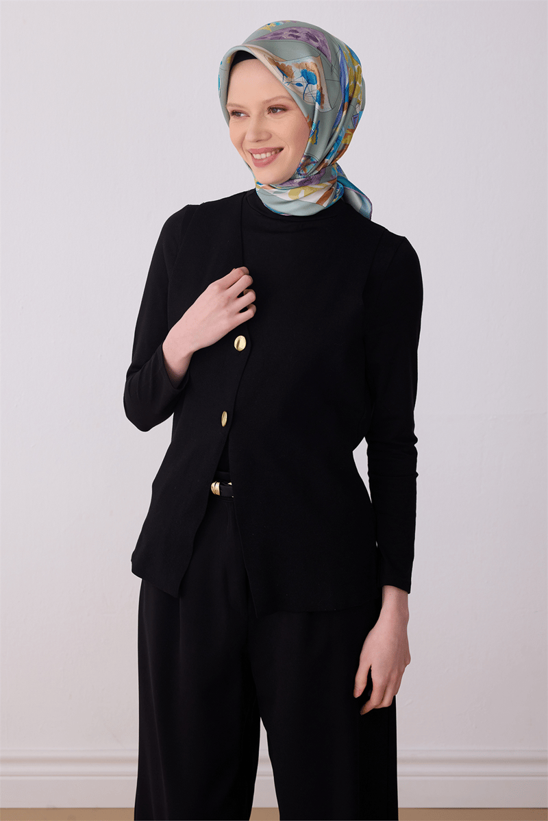 Belli Yeşil Obje Desen %100 Twill İpek Eşarp 4316-82
