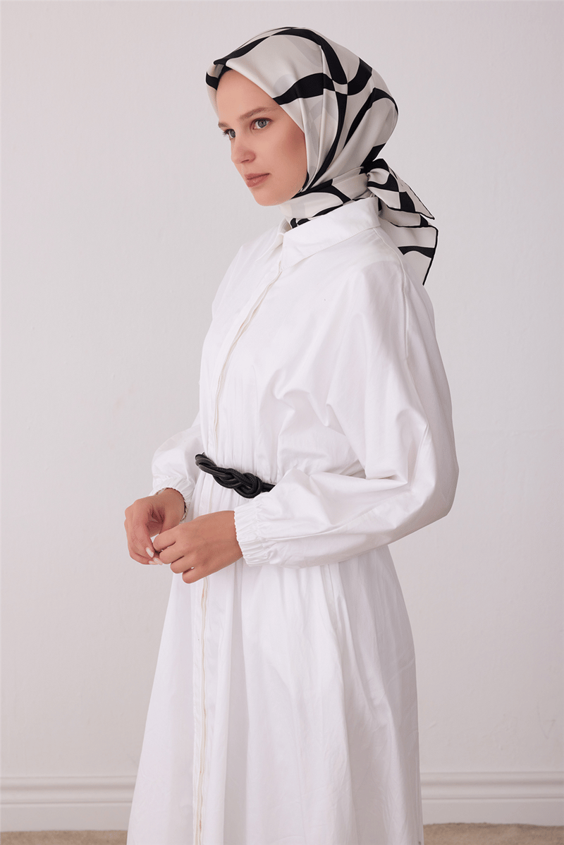 Beyaz Soyut Desen %100 Twill İpek Eşarp 4429-31