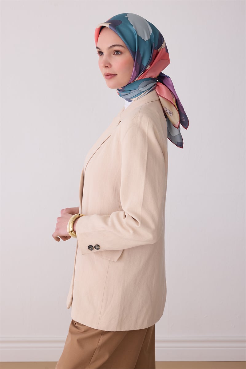 Çok Renkli Çiçek Desen %100 Twill İpek Eşarp 4306-84
