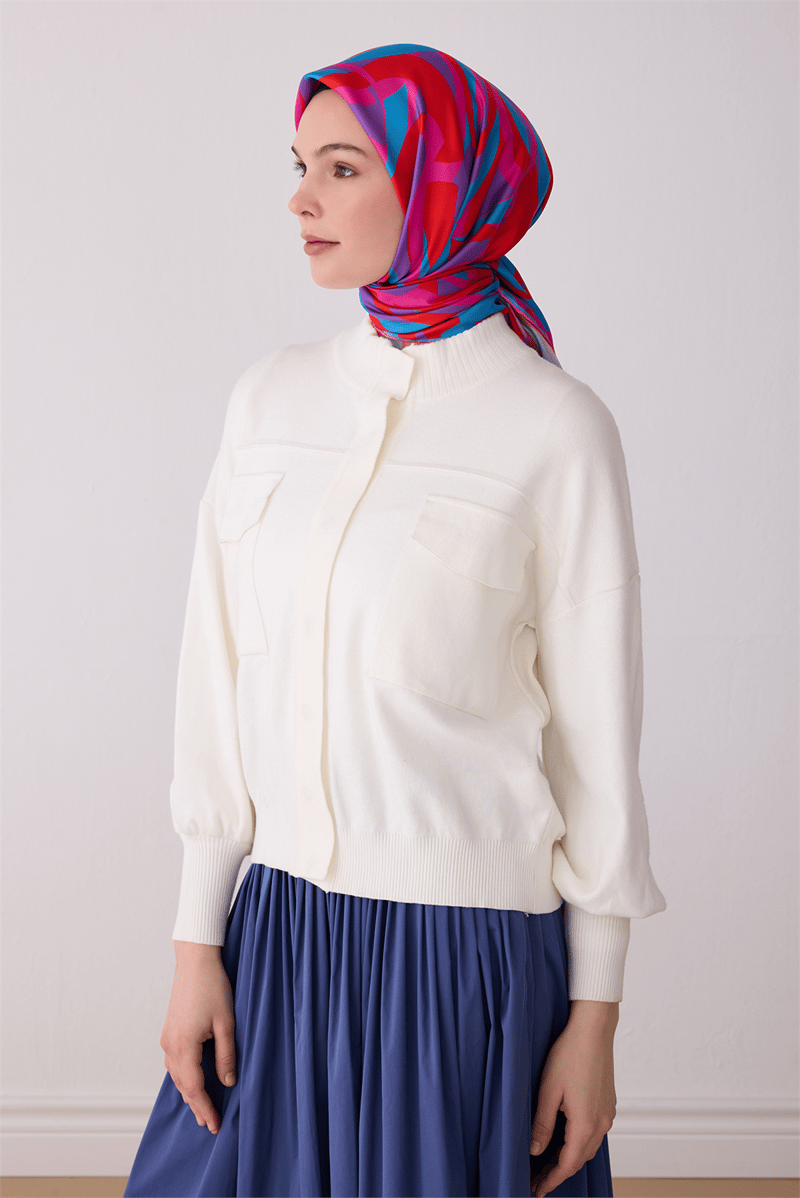Çok Renkli Geometrik Desen %100 Twill İpek Eşarp 4327-20