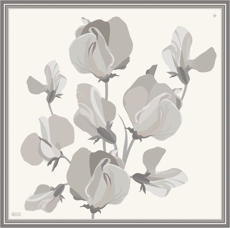 Ekru Bej Çiçek Desen %100 Twill İpek Eşarp 4303-04