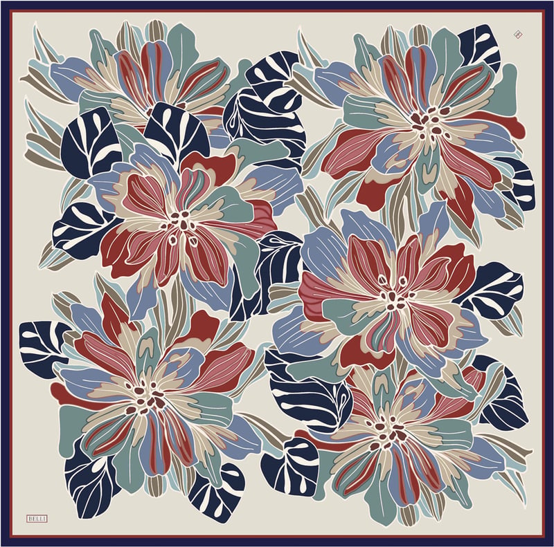 Ekru Çiçek Deseni %100 Twill İpek Eşarp 4413-32