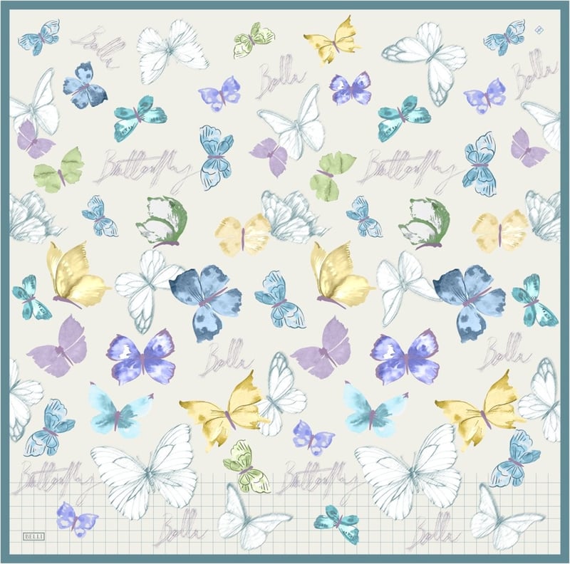 Ekru Mavi Obje Desen %100 Twill İpek Eşarp 4329-51