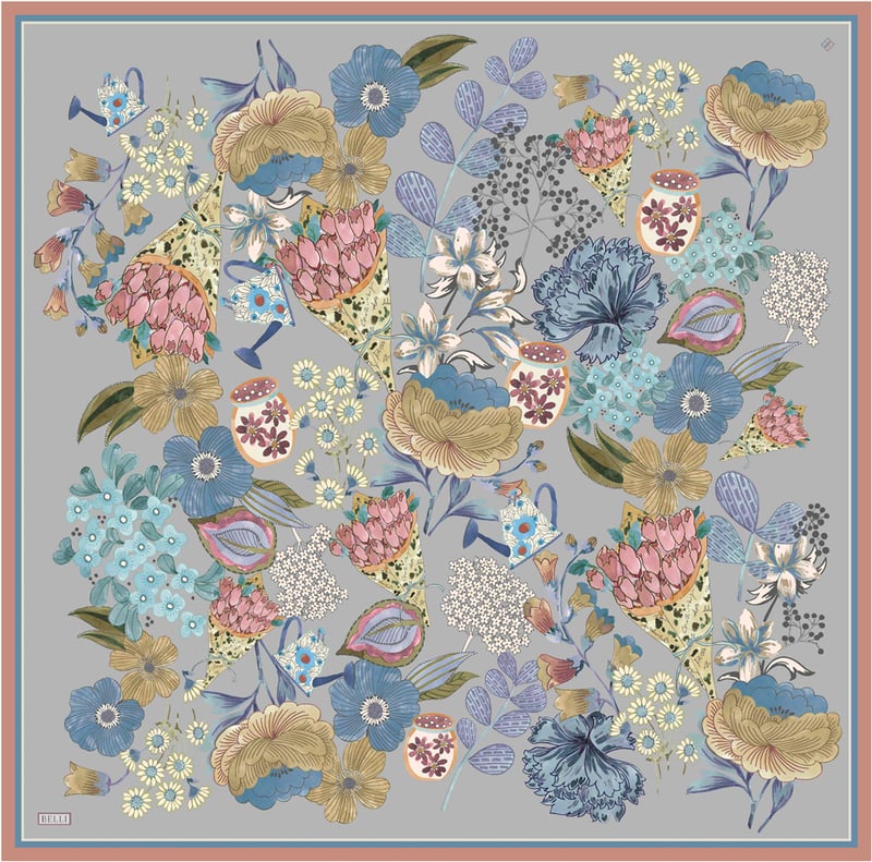 Gri Çiçek Deseni %100 Twill İpek Eşarp 4415-31