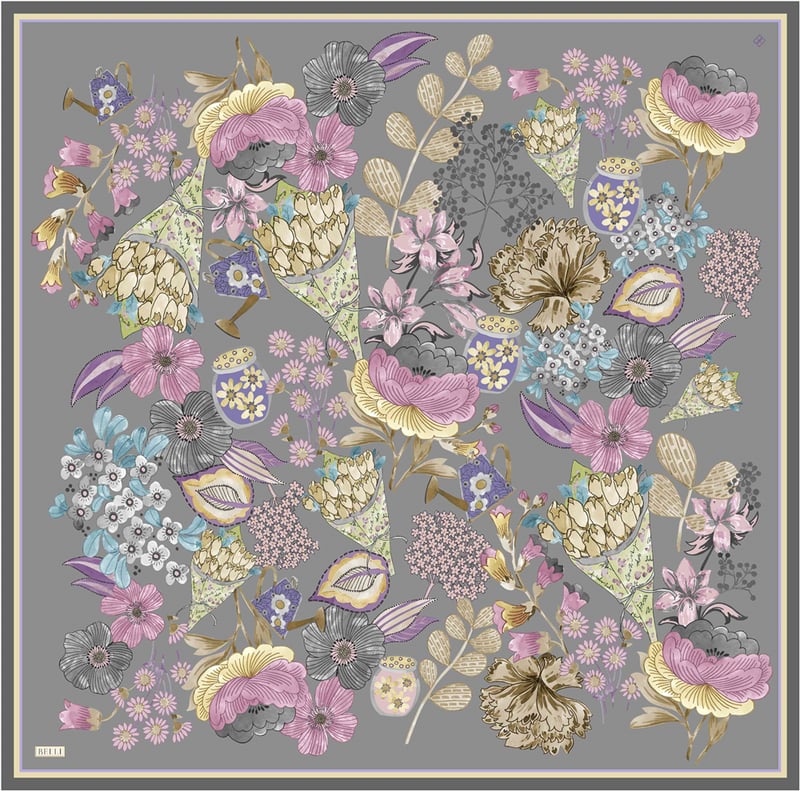 Gri Çiçek Deseni %100 Twill İpek Eşarp 4415-81