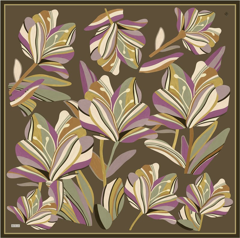 Haki Çiçek Deseni %100 Twill İpek Eşarp 4410-51