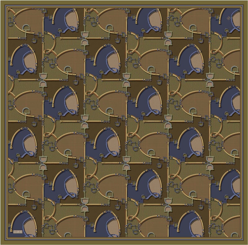 Haki Geometrik Desen %100 Twill İpek Eşarp 4400-81