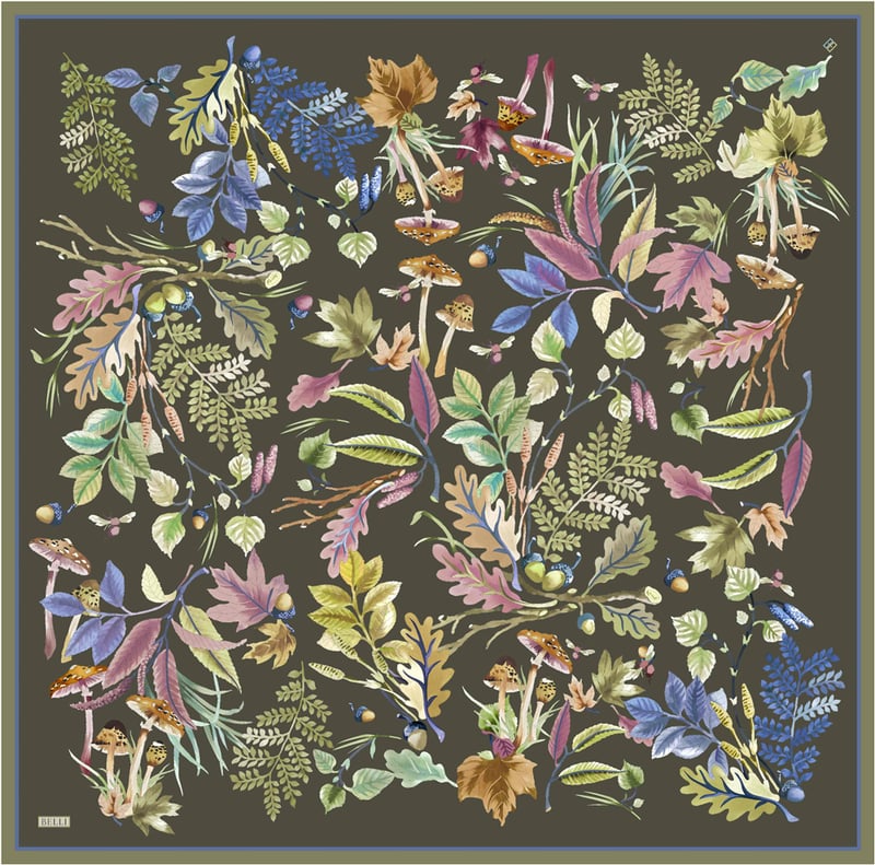 Haki Soyut Desen %100 Twill İpek Eşarp 4412-82