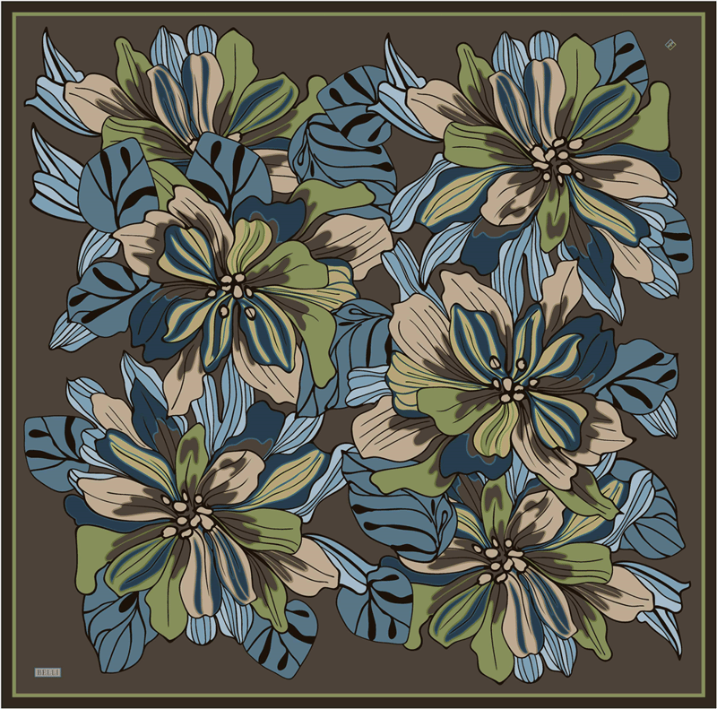 Kahverengi Çiçek Deseni %100 Twill İpek Eşarp 4413-54