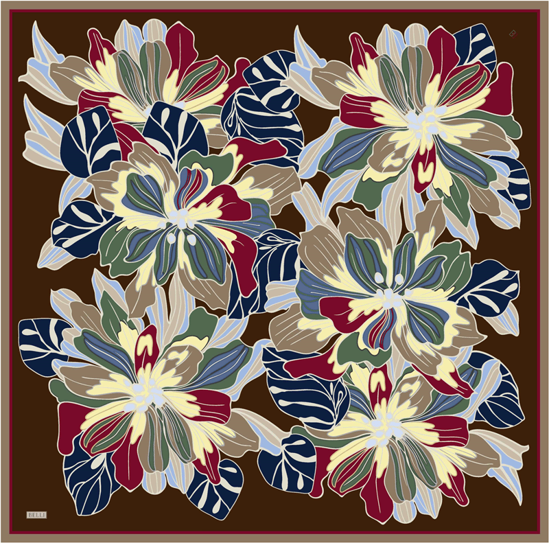 Kahverengi Çiçek Deseni %100 Twill İpek Eşarp 4413-83