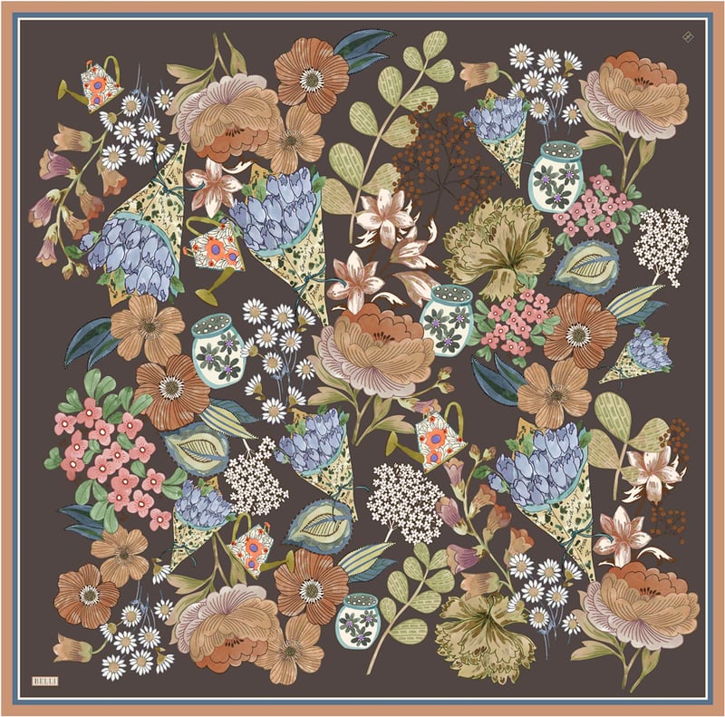 Kahverengi Çiçek Deseni %100 Twill İpek Eşarp 4415-35