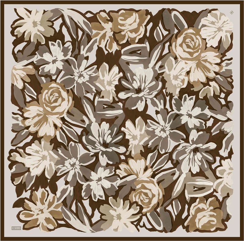 Kahverengi Çiçek Deseni %100 Twill İpek Eşarp 4416-85