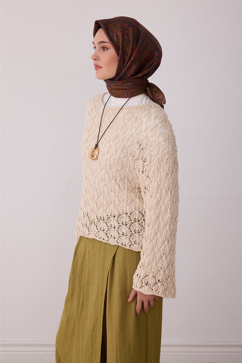 Kahverengi Etnik Desen %100 Twill İpek Eşarp 4404-02