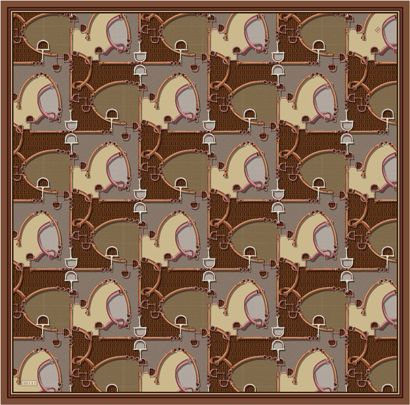 Kahverengi Geometrik Desen %100 Twill İpek Eşarp 4400-05