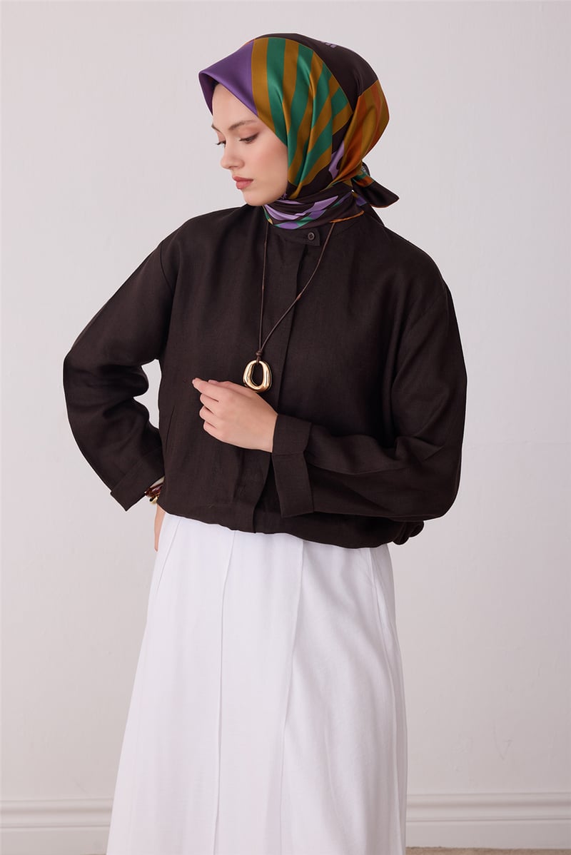 Kahverengi Obje Desen %100 Twill İpek Eşarp 4409-50