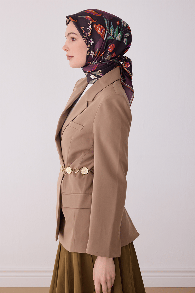 Kahverengi Obje Desen %100 Twill İpek Eşarp 4320-32