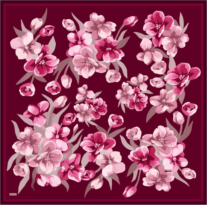 Kırmızı Çiçek Desen %100 Twill İpek Eşarp 4330-04