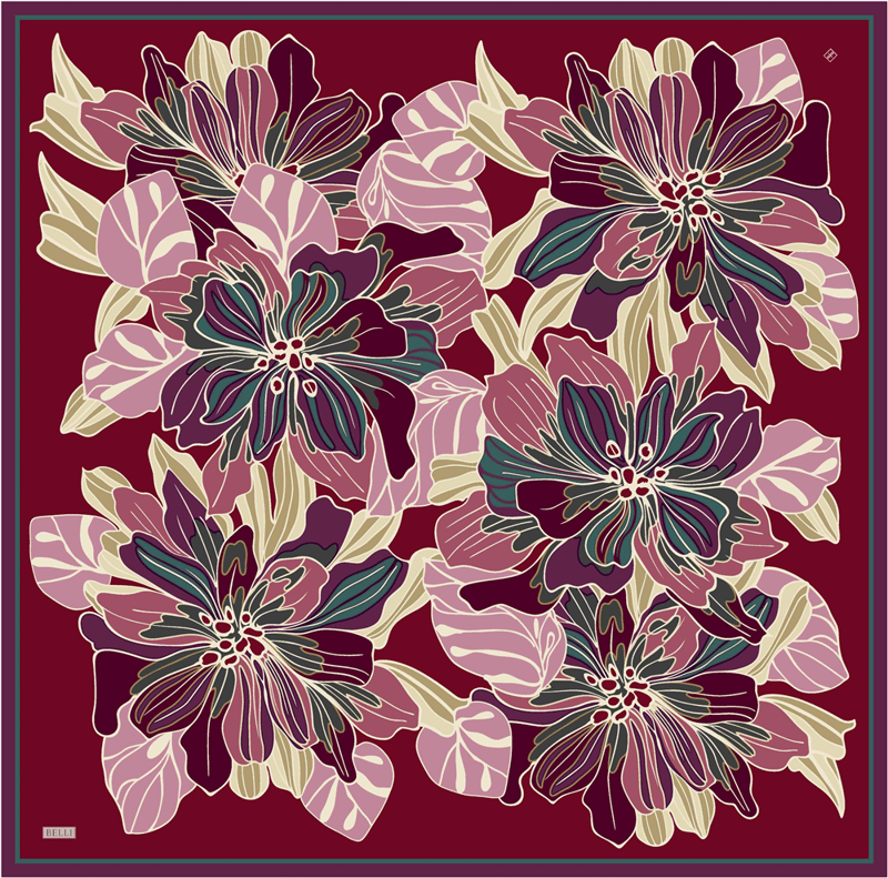 Kırmızı Çiçek Deseni %100 Twill İpek Eşarp 4413-84