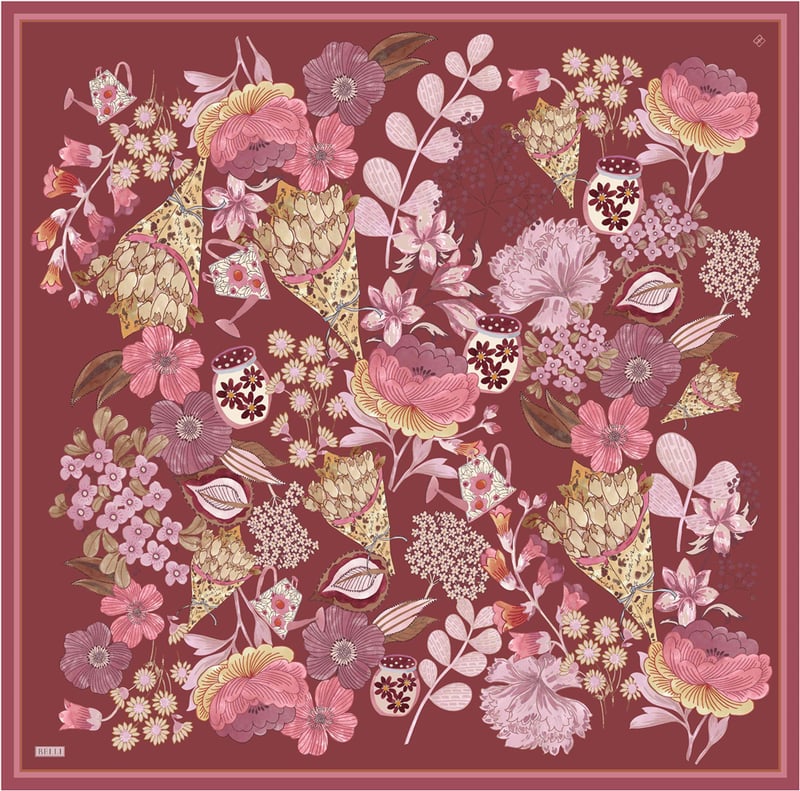 Kırmızı Çiçek Deseni %100 Twill İpek Eşarp 4415-52