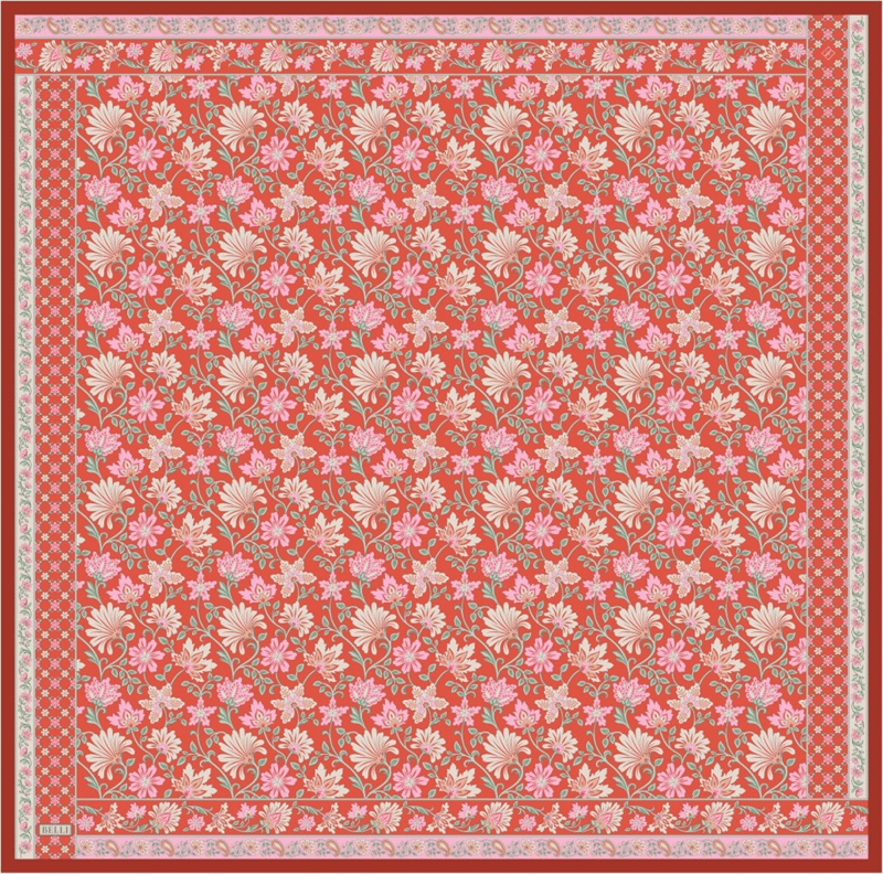Kırmızı Çok Renkli Etnik Desen %100 Twill İpek Eşarp 4314-09