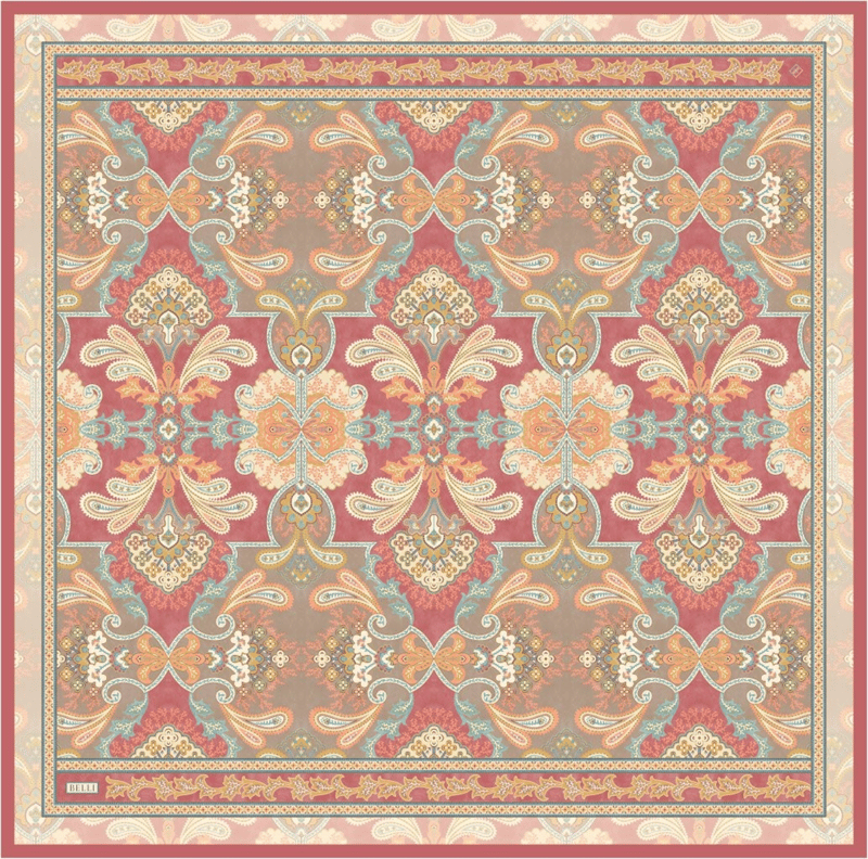 Kırmızı Etnik Desen %100 Twill İpek Eşarp 4304-03