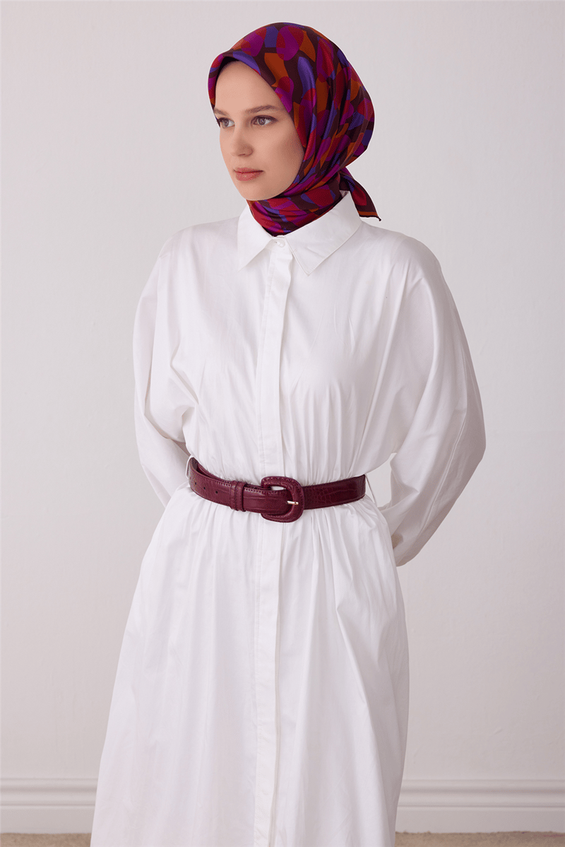 Kırmızı Geometrik Desen %100 Twill İpek Eşarp 4420-01