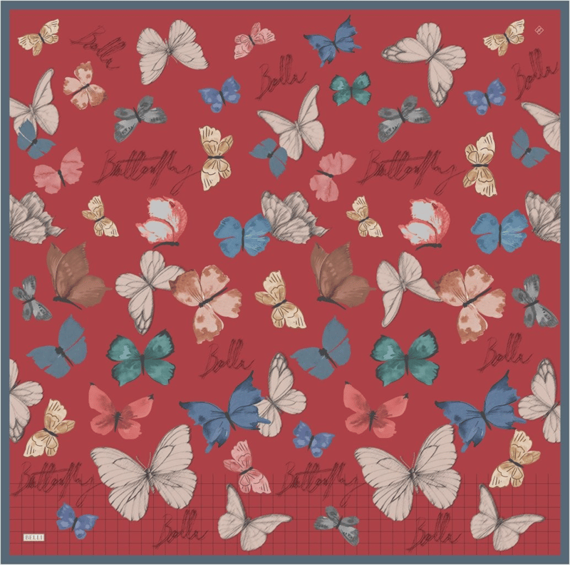 Kırmızı Obje Desen %100 Twill İpek Eşarp 4329-83
