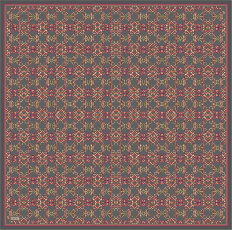 Koyu Gri Çok Renkli Klasik Desen %100 Twill İpek Eşarp 4328-05