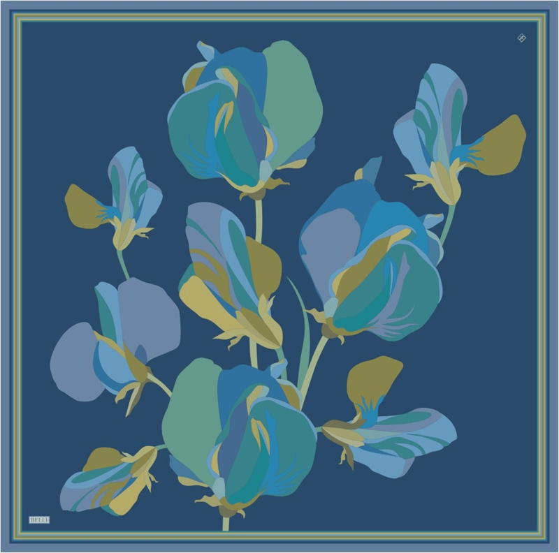 Lacivert Çiçek Desen %100 Twill İpek Eşarp 4303-80