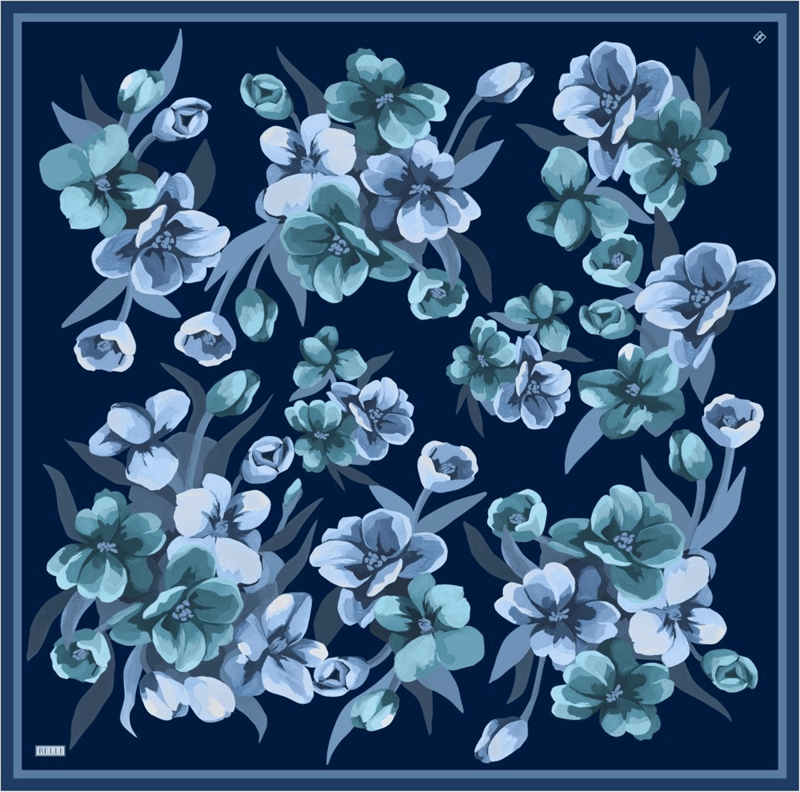 Lacivert Çiçek Desen %100 Twill İpek Eşarp 4330-80