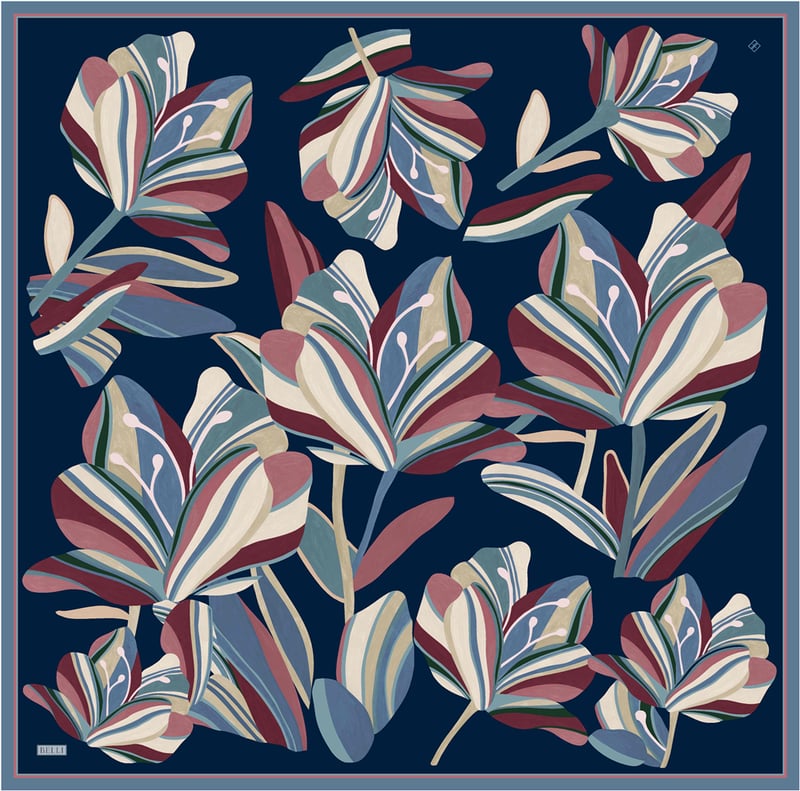 Lacivert Çiçek Deseni %100 Twill İpek Eşarp 4410-83