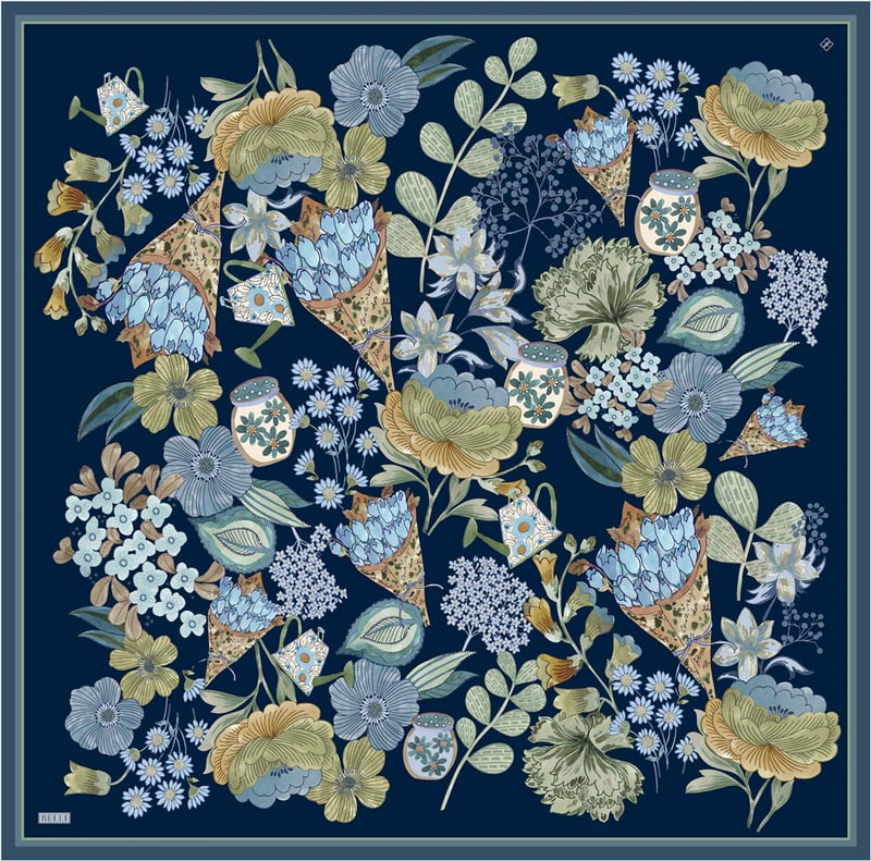 Lacivert Çiçek Deseni %100 Twill İpek Eşarp 4415-07