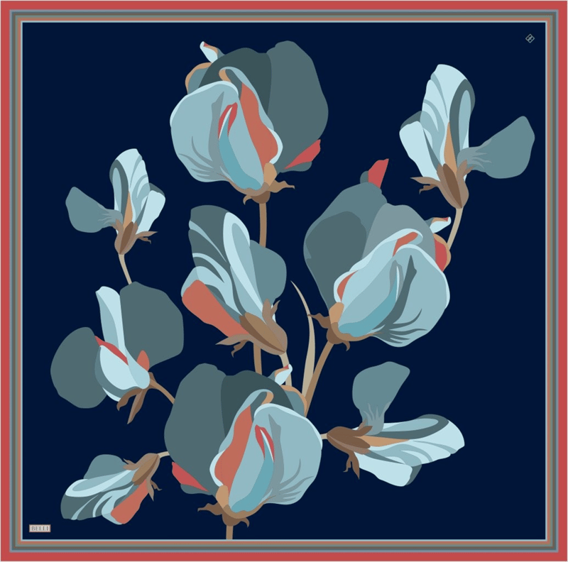 Lacivert Çok Renkli Çiçek Desen %100 Twill İpek Eşarp 4303-51