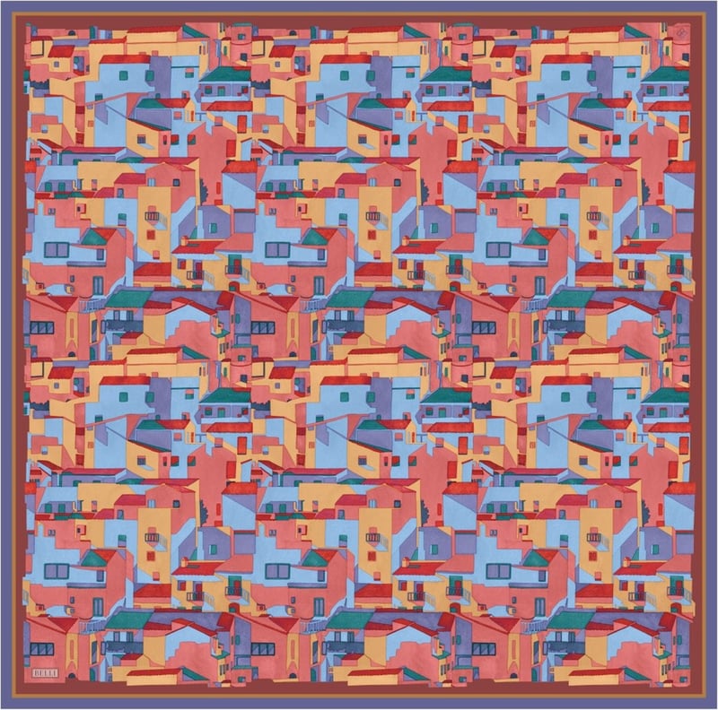 Lacivert Çok Renkli Obje Desen %100 Twill İpek Eşarp 4307-55