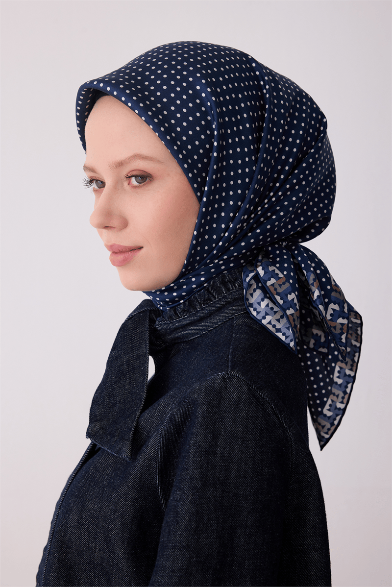 Lacivert Klasik Desen %100 Twill İpek Eşarp 4326-86