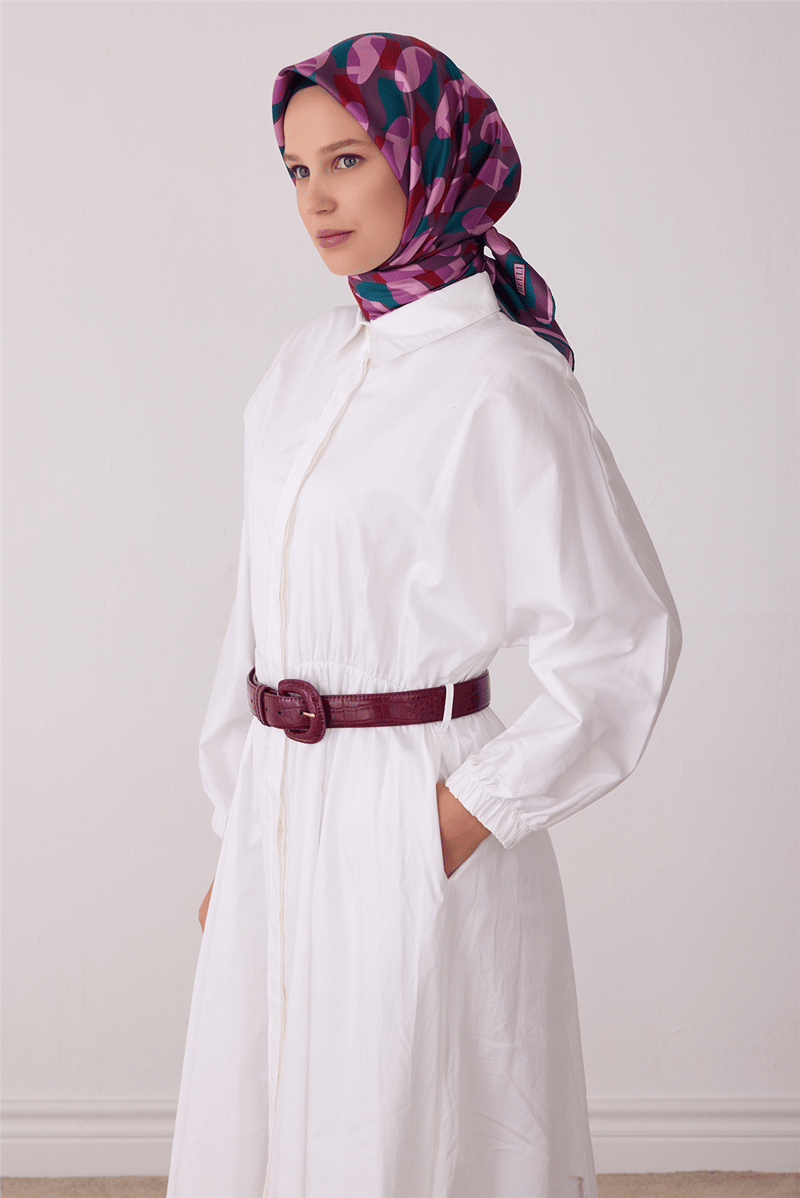 Lila Geometrik Desen %100 Twill İpek Eşarp 4420-84