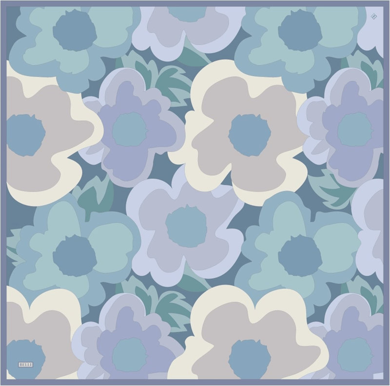 Mavi Çiçek Desen %100 Twill İpek Eşarp 4306-37