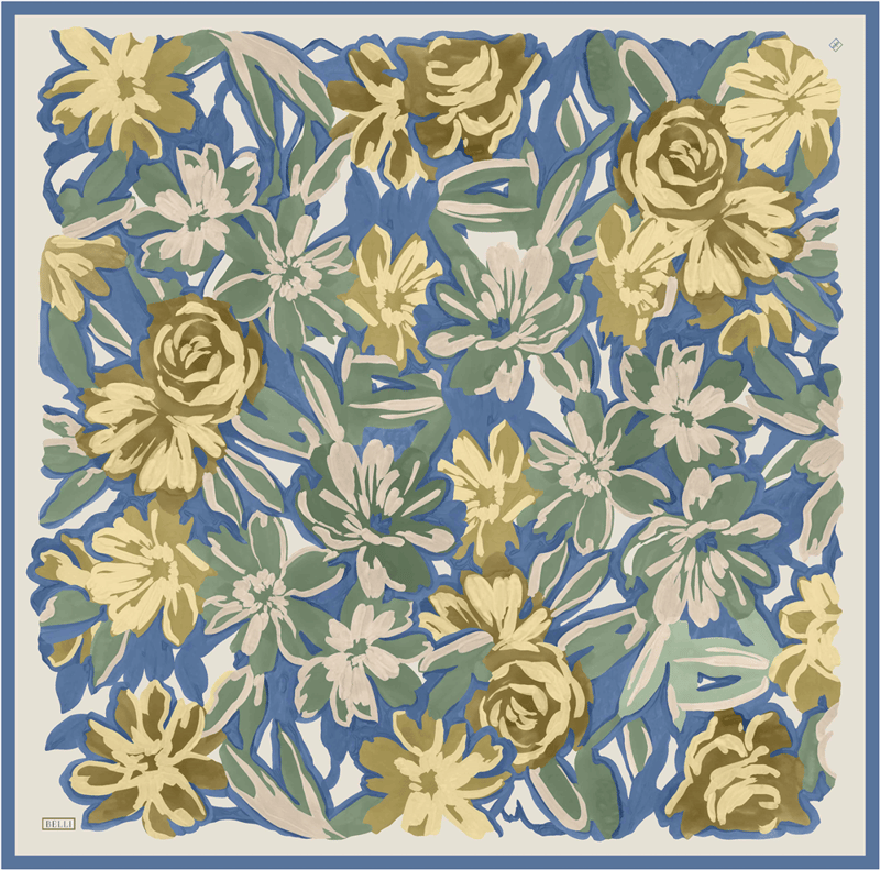 Mavi Çiçek Deseni %100 Twill İpek Eşarp 4416-50